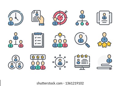 Human Resources and Employment related color line icon set. Business people and Recruitment linear icons. Candidate and Interview colorful outline vector sign collection.