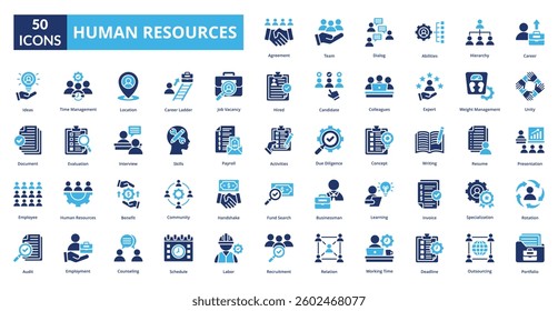 Human Resources fill icon collection set. Includes talent, opportunity, efficiency, skill, supply, solution, system, control, source, interview, employee