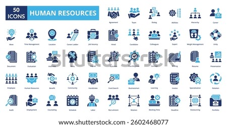 Human Resources fill icon collection set. Includes talent, opportunity, efficiency, skill, supply, solution, system, control, source, interview, employee