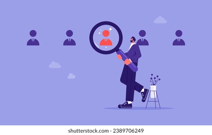 Human resources or finding suitable candidates concept, head hunt, choosing talent for job, man employer boss or HR manager standing using magnifying glass to choose job interview people 