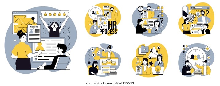 Human resources flat concepts set for web design. People searching best cv and interviewing candidates online, headhunters researching resume and selecting applicants in office. Vector illustrations.