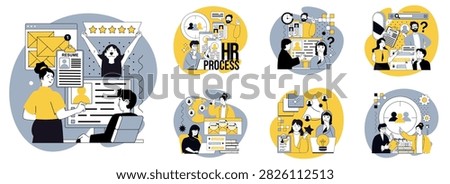 Human resources flat concepts set for web design. People searching best cv and interviewing candidates online, headhunters researching resume and selecting applicants in office. Vector illustrations.