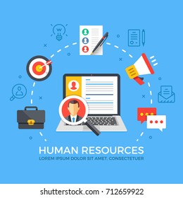 Human resources flat illustration concept. Laptop with magnifying glass. Creative flat icons set, thin line icons set, modern elements for web banners, websites, infographics. Vector illustration