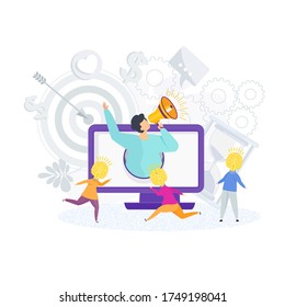 Human resources flat vector concept. HR. Candidates for vacancy. Recruiting and hiring. People carry bright, radiant brain to recruiter. Headhunter with megaphone calls talented and creative people.