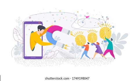 Human resources flat vector concept. HR. Candidates for vacancy. Recruiting and hiring. People carry bright, radiant brain to recruiter. Headhunter with megaphone calls talented and creative people.