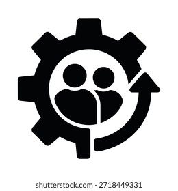 Icono de recursos humanos y mecanismo de engranajes que representa el trabajo en equipo y el proceso