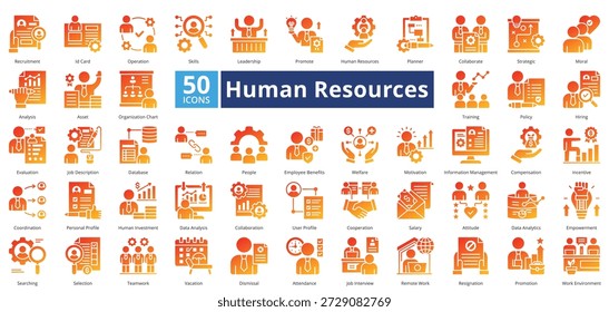 Human Resources glyph gradient style contains 50 icons including cooperation, salary, attitude, data analytics, empowerment, searching, selection, teamwork, vacation simple vector