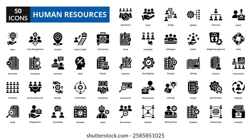 Human Resources glyph icon collection set. Includes talent, opportunity, efficiency, skill, supply, solution, system, control, source, interview, employee