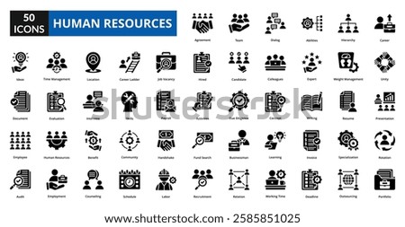 Human Resources glyph icon collection set. Includes talent, opportunity, efficiency, skill, supply, solution, system, control, source, interview, employee