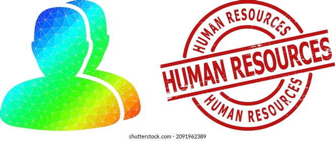 HUMAN RESOURCES grunge stamp seal, and low-poly spectrum colored customers icon with gradient. Red stamp seal includes Human Resources title inside circle and lines shape.