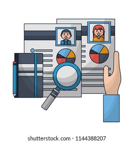human resources hand with recruitment curriculum notebook magnifying glass