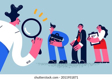 Human resources, head hunt, choosing talent for job concept. Man employer boss or HR manager standing using magnifying glass to choose job interview people vector illustration