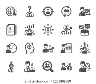 Human Resources, head hunting icons. Business networking contract, Job Interview and Head Hunting contract icons. CV, Teamwork and Portfolio symbols. Business career, human, interview. Vector