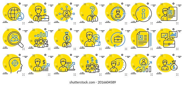 Recursos humanos, iconos de la línea de caza de cabezas. contrato de trabajo en red, entrevista de trabajo e iconos del contrato de caza de cabezas. CV, trabajo en equipo y símbolos de portafolio. Carrera de negocios, humana, entrevista. Vector