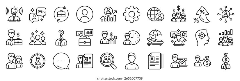 Recursos Humanos, ícones da linha de caça. Configurações engrenagem, mensagem, ícones de inflação. Ícones de contrato de rede comercial, Entrevista de emprego e Contrato de Head Hunting. Vetor