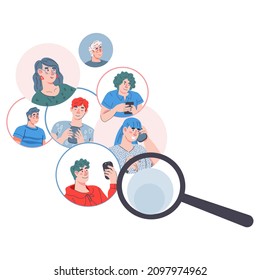 Human resources and hiring concept of searching job candidates,  resume online. Profiles of candidates with photos and magnifier, flat cartoon vector illustration isolated on white background.