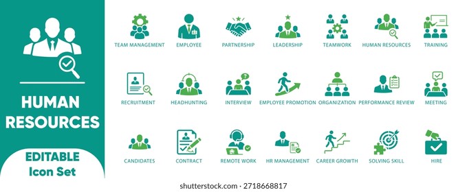Conjunto de iconos de recursos humanos y contratación. Presenta símbolos de reclutamiento, entrevista, contrato y capacitación. Ideal para la incorporación, las bolsas de trabajo y los portales de recursos humanos