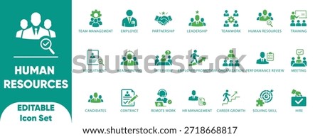 Human resources and hiring icon set. Features recruitment, interview, contract, and training symbols. Ideal for onboarding, job boards, and HR porta