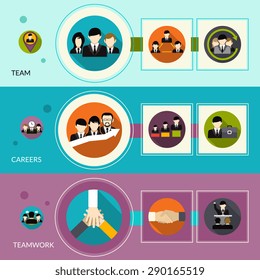 Human resources horizontal banners set with flat team career teamwork elements isolated vector illustration