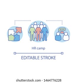 Human resources, HR camp concept icon. Summer corporate club, community idea thin line illustration. Company, business employee bootcamp. Vector isolated outline drawing. Editable stroke