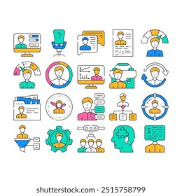 Human Resources HR Abteilung Icons Set Vektor. Kandidatenfähigkeiten und Gehaltsgelder sprechen, CV-Forschung und Interview, Mitarbeitersuche und Headhunting Human Resources Contour Illustrationen