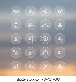 Human resources, hr, hrm icons, personnel management, team, community, round transparent icons, vector illustration