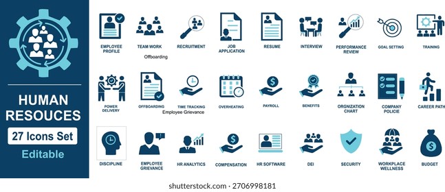 Conjunto de iconos de Recursos Humanos (RR. HH.): Reclutamiento, entrevista de trabajo, capacitación, trayectoria profesional, presupuesto, tiempo libre, disciplina, seguridad y administración de empleados. 27 Señales de Vector.