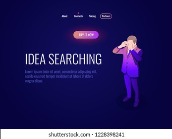 Human resources HR isometric icon manager concept, idea searching, man looks through binoculars dark neon vector