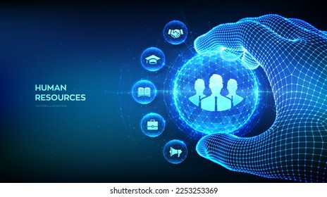 Human Resources. HR management, recruitment, employment, headhunting business. Human social network and leadership concept in the shape of polygonal sphere in wireframe hand. Vector illustration.