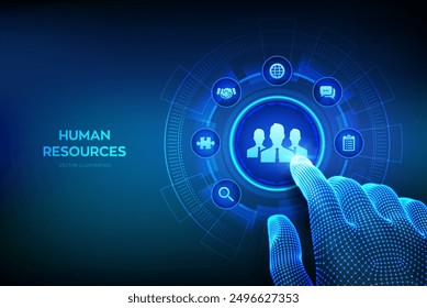 Human Resources. HR management, recruitment, employment, headhunting business concept. Human social network and leadership. Wireframe hand touching digital interface. Vector illustration.