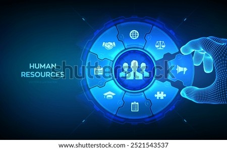 Human Resources. HR management, recruitment, employment, headhunting. Human social network and leadership. Wireframe hand places an element into a composition visualizing HR. Vector illustration.