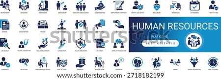 Human resources HR solid icon set featuring recruitment management employee career, hiring job team staff person, and interview corporate business employment editable vector icons