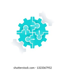 Human resources (HR) or team work (working solutions) logo template - circular emblem with people, puzzle inside cogwheel (gear)