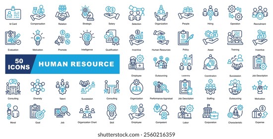 Human Resources icon collection set. Containing Id Card,Salary, Finance,Leadership, Talent,Goal,Labor,Intelligence,Outsourcing,Diversity icon.Simple vector.