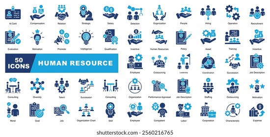 Human Resources icon collection set. Containing Id Card,Salary, Finance,Leadership, Talent,Goal,Labor,Intelligence,Outsourcing,Diversity icon.Simple vector.