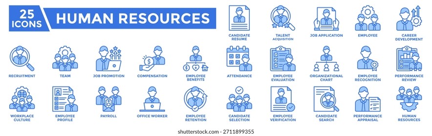 Human resources icon collection set. Containing hiring, recruitment, payroll, evaluation and performance icon. blue style vector illustration