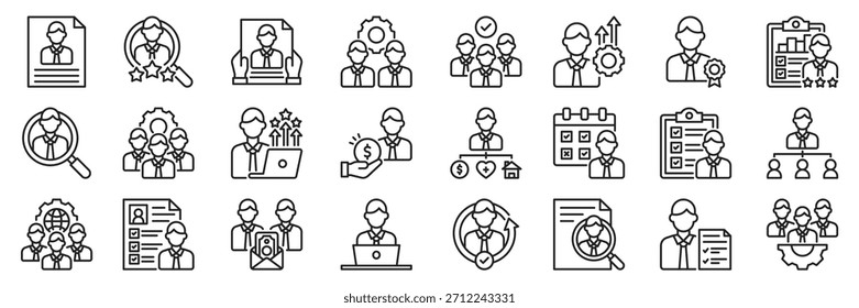 Human resources icon collection set. Containing hiring, recruitment, payroll, evaluation, job promotion , performance icon. line style vector illustration.