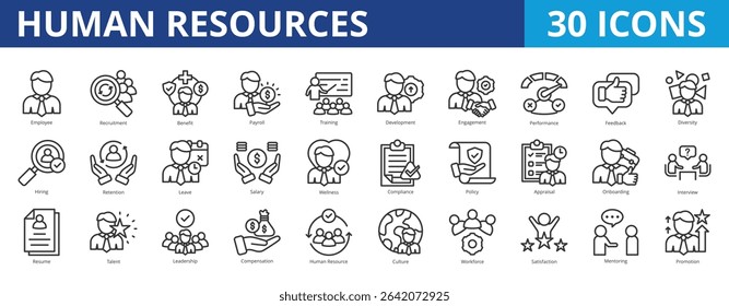 Human resources icon pack collection set for employee recruitment and job vacancy. With benefit, leadership, training, development, engagement, performance, feedback, diversity, hiring, consulting