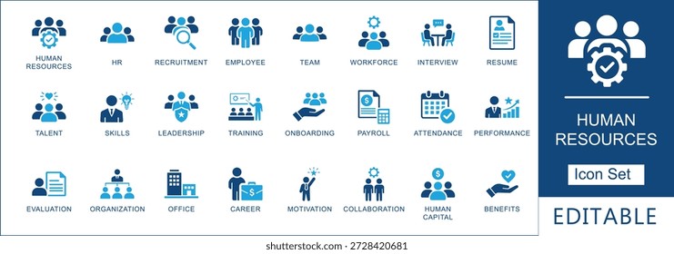 Conjunto de iconos de recursos humanos. Colección de los símbolos de recursos humanos, contratación, beneficios para los empleados y productividad en el lugar de trabajo en un estilo azul.