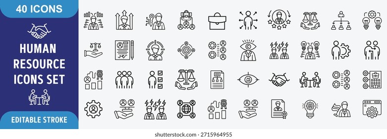 Conjunto de iconos de Recursos Humanos. Contiene recursos humanos, recursos humanos, contratación, empleo, negocios, oficina, empresa, gestión. Colección de icono de esquema