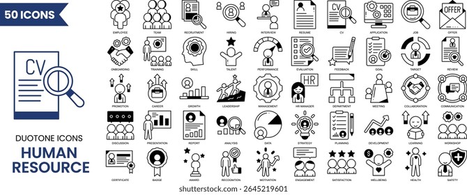 Human Resources icon set in duotone style. Containing HR, Human Resources, Recruitment, Employment, business, office, company, management and more. Vector illustration