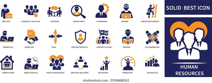 Human resources icon set Employee, Recruitment, Resume, Interview, Onboarding, Payroll, Benefits, Performance Review best Quality icons.