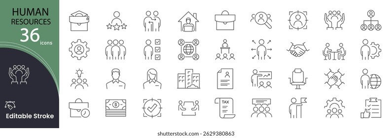 Conjunto de iconos de Recursos Humanos. Iconos de línea relacionados con recursos humanos y gestión: empleado, reclutamiento, trabajo en equipo, entrevista, capacitación, nómina, organización, liderazgo y carrera. Ilustración vectorial