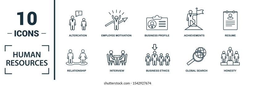 Human Resources icon set. Include creative elements searching, resume, relationship, head hunting, interview icons. Can be used for report, presentation, diagram, web design.