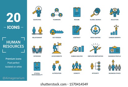 Human Resources icon set. Include creative elements searching, resume, relationship, head hunting, interview icons. Can be used for report, presentation, diagram, web design.