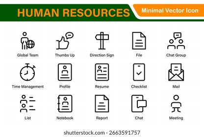 Conjunto de iconos de recursos humanos con ilustraciones de estilo lineal de reclutamiento, gestión de empleados, trabajo en equipo de oficina, contratación, nómina, análisis de recursos humanos y revisión del rendimiento.
