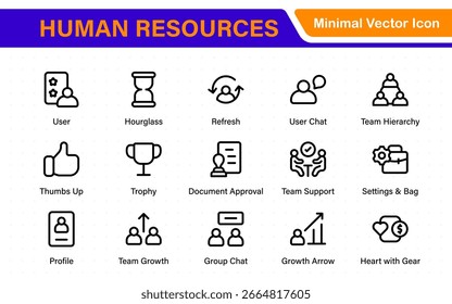 Conjunto de iconos de recursos humanos con ilustraciones de estilo lineal de reclutamiento, gestión de empleados, trabajo en equipo de oficina, contratación, nómina, análisis de recursos humanos y revisión del rendimiento.