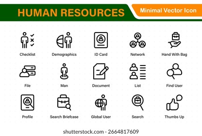 Conjunto de iconos de recursos humanos con ilustraciones de estilo lineal de reclutamiento, gestión de empleados, trabajo en equipo de oficina, contratación, nómina, análisis de recursos humanos y revisión del rendimiento.