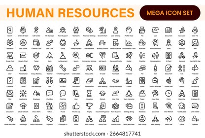 Conjunto de iconos de recursos humanos con ilustraciones de estilo lineal de reclutamiento, gestión de empleados, trabajo en equipo de oficina, contratación, nómina, análisis de recursos humanos y revisión del rendimiento.