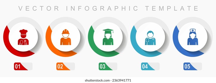 Human resources icon set, miscellaneous icons such as chef, worker, student, doctor and nurse, flat design vector infographic template, web buttons in 5 color options